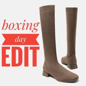 BOXING DAY EDIT VIVAIA Square-Toe Mid-Calf Brown Wool Knit Boots 7.5